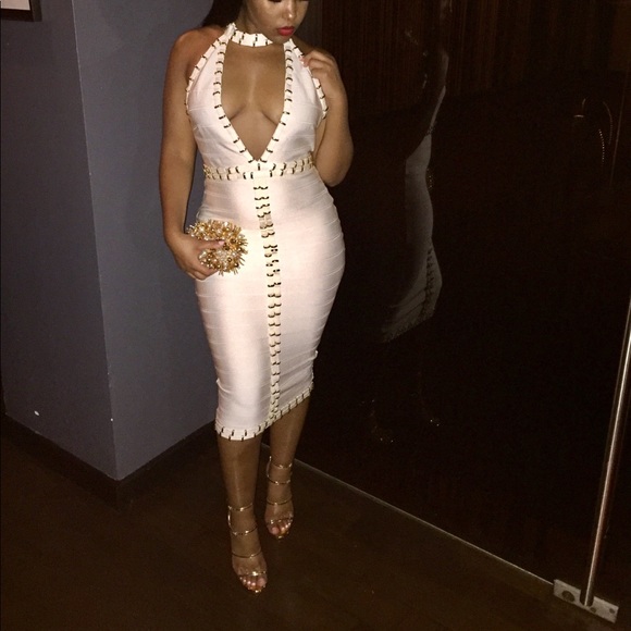 white and gold bandage dress